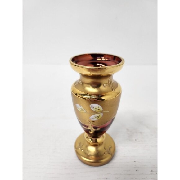 Vintage Bohemian Glass Floral Vase Raised Design Pink Glass Gold Overlay Germany - Picture 6 of 10